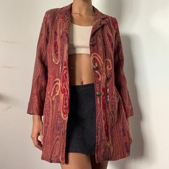 Coldwater Creek Multi-Color Paisley Tapestry Long Blazer Jacket Size L - Picture 1 of 9